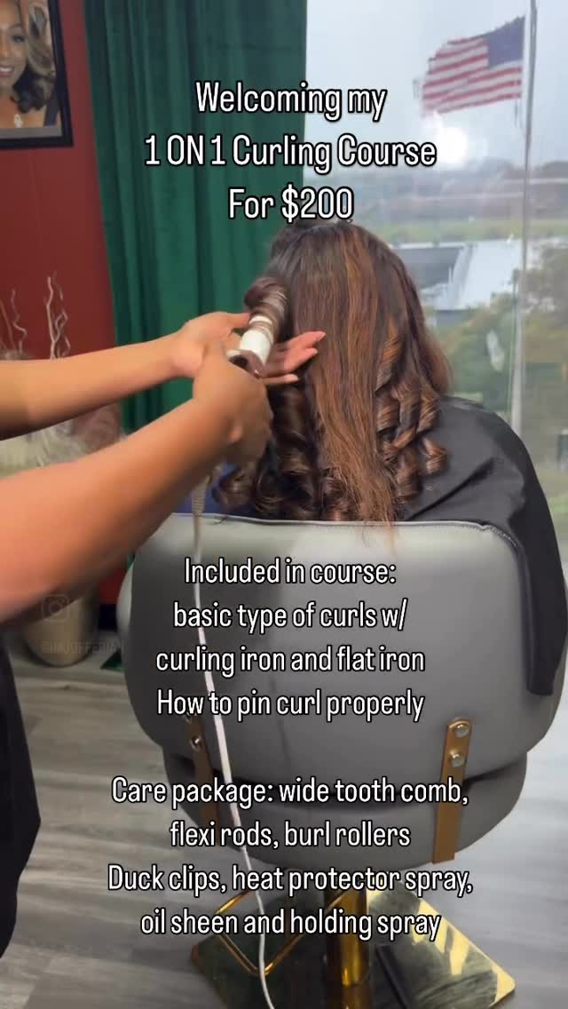 Hey ladies I now have the 1 on 1 curling course on my booking site for all my girls that would love to learn how to do basic curls with the curling iron and flatiron
Included in course:
basic type of curls w/
curling iron and flat iron
How to pin curl properly
Care package: wide tooth comb,
flexi rods, burl rollers
Duck clips, heat protector spray,
oil sheen and holding spray
#houstonhairstylist #salon #salonsuites #stylist #boothrentalsavailable #fyp #fypage #curlcurl #curlingclasses