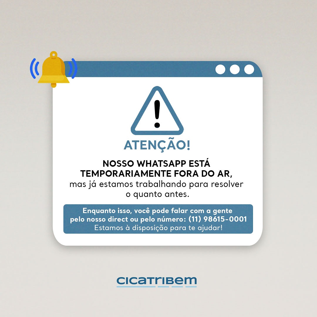 Oi, cicatrilovers! 💙
Nosso WhatsApp oficial está temporariamente fora do ar, mas fiquem tranquilos que já estamos resolvendo tudo com muito carinho e agilidade!
Enquanto isso, se precisarem falar com a gente, podem nos chamar por aqui mesmo no direct ou pelo número (11) 98615-0001. Estamos à disposição!
Obrigada pela compreensão! 💙
Equipe Cicatribem 💫
