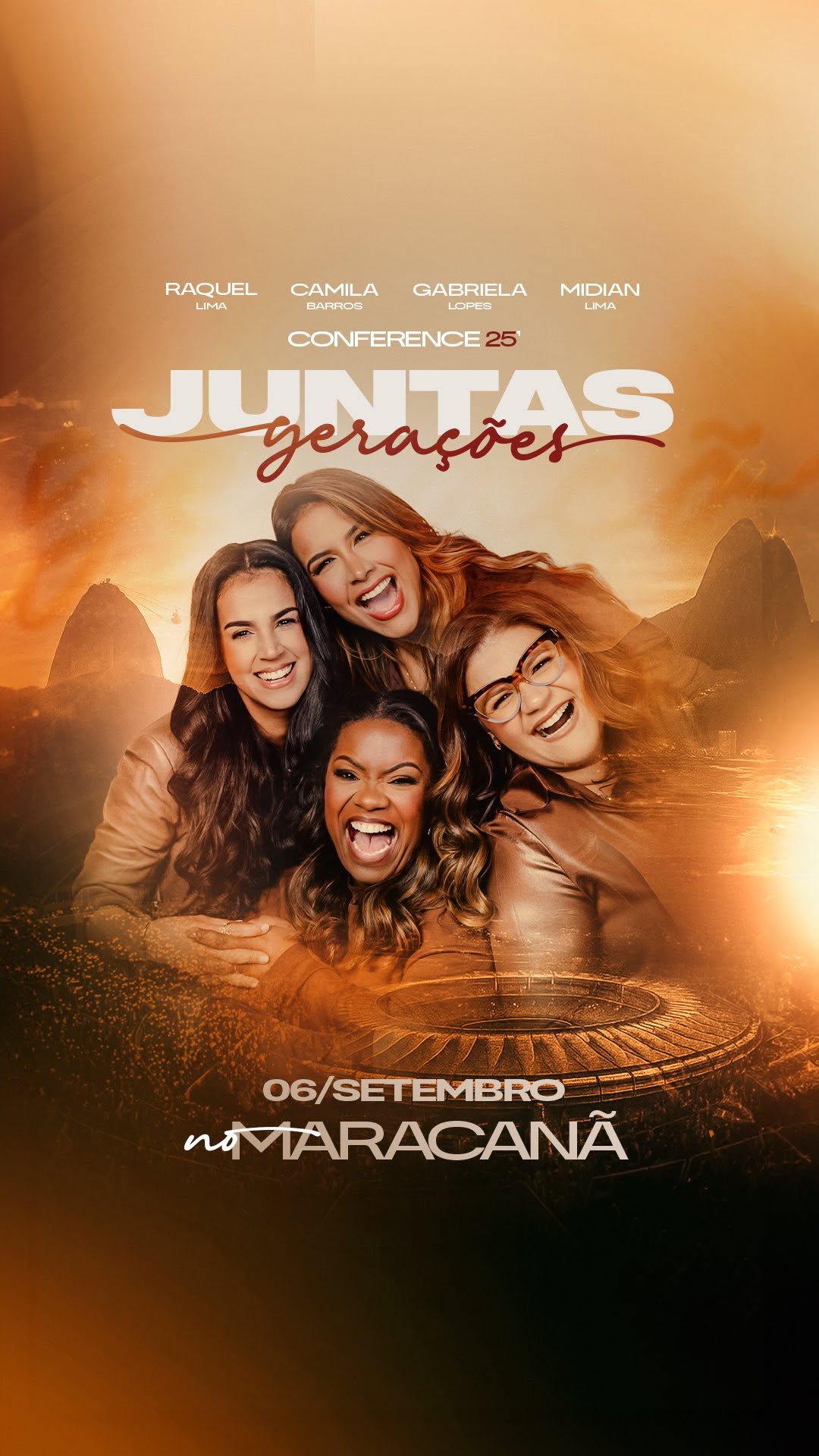É OFICIAL!!
No dia 6 de setembro de 2025, estaremos JUNTAS no estádio do Maracanã.
JUNTAS CONFERENCE 2025
Jesus unindo nosso tempo para avivamento e salvação.
Tema do ano: GERAÇÕES.
Temos visto o quanto Deus responde quando mulheres se reúnem com o coração disposto.
Agora, Ele nos convida a viver um novo tempo… onde mães, filhas, avós e futuras gerações estarão lado a lado, clamando por um avivamento que marque nossa história.
📍 Maracanã - RJ
🗓️ 06 de setembro de 2025
Prepare-se. JUNTAS PELA NOSSA GERAÇÃO! ❤️🔥
-
#juntas2025