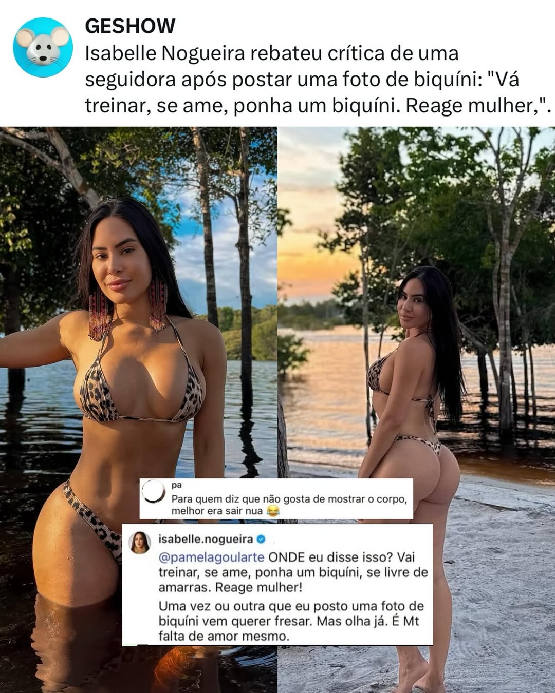 Após postar fotos de biquíni Isabelle recebeu críticas quanto a exposição do seu corpo, e rebateu: “Uma vez ou outra que eu posto uma foto de biquíni vem querer fresar. Mas olha já. É Mt falta de amor mesmo.”
📸 Reprodução: @isabelle.nogueira
Siga @geshow para mais!
#famosos #babados #fofocas
