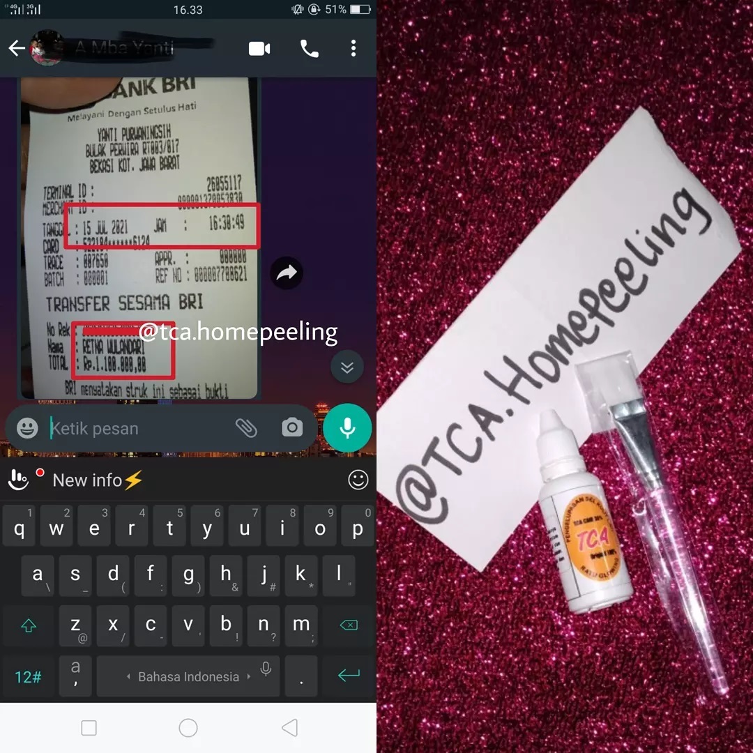 Yg ORIGINAL hanya di @tca.homepeeling sudah kebukti ga cekit cekit atau gatal dan satu lagi rekening hanya Atas nama RETNA WULANDARI