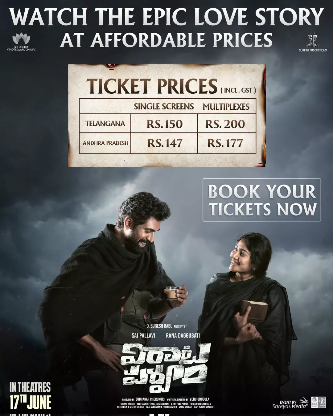 Bringing #VirataParvam to you at affordable prices ❤️
Book your tickets now
🔗 https://t.co/2wQtJhAkA0
IN CINEMAS JUNE 17.
@saipallavi.senthamarai
@ranadaggubati @venuudugulafilm #SureshBobbili @dancinemaniac @DivakarManiDOP @SLVCinemasOffl @SureshProdns
#Rana #RanaDaggubati #ranadaggubatifans #ranafans #teamranadaggubati #RanaNaidu
#virataparvam #RamCharan #megapowerstar #rrr #chiranjeevi #MegaStarChiranjeevi #AlluArjun #vijaydevarakonda #superstar #MaheshBabu #ntr #jrntr #rrr #prabhas #pawankalyan #sarkaruvaaripaata #RashmikaMandanna #jrntr #ntr #anushkashetty #kajalaggarwal #samantha #vijaydevarakonda #saipallavi