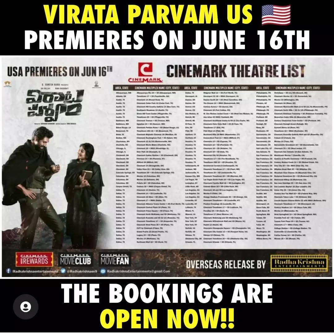 ranadaggubati.fc #VirataParvam US Premieres on June 16th!!!
.
.
.
.
.
.
.
#Rana #RanaDaggubati #ranadaggubatifans #ranafans #teamranadaggubati #RanaNaidu
#virataparvam #RamCharan #megapowerstar #rrr #chiranjeevi #MegaStarChiranjeevi #AlluArjun #vijaydevarakonda #MaheshBabu #ntr #jrntr #prabhas #pawankalyan #RashmikaMandanna #anushkashetty #saipallavi #suriyasivakumar #suriya #VIKRAM #kamalhaasan #lokeshkanagaraj