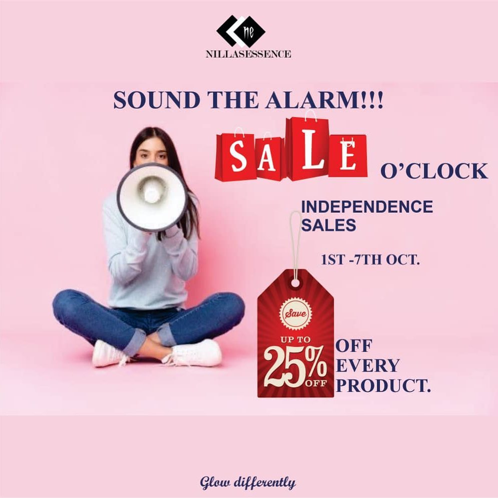 Dearest 𝐍𝐢𝐥𝐥𝐚𝐬𝐞𝐬𝐬𝐞𝐧𝐜𝐞 clients, in the spirit of festivity as our dear country marks her 62nd birthday, the sales will kick off tomorrow.
It's our little way of giving back, just to put smiles on our faces regardless of the situation of the country.
This is the best opportunity for you to glow this Christmas.you want a flawless,spotless and glowing skin this is the right time to prepare for it.25% off all products @nillasessence.
Hope you guys are readily ready 💃🏻🥰