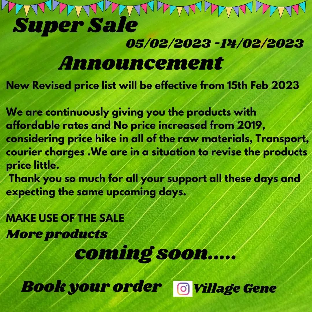 Announcement
Book your orders
Follow and share our page to your family and friends
Thanks for supporting
Follow
Message
@villagegene
#beauty #herbal #Natural #serum #facepack #gel #cream #pongal #nightgel #hairoil #dandruff #skincare #cosmetics #pigmentation #villagegene #offer #hairfall #soap #handmade #glow #offer #brightening #antiageing #silkyhair #clearskin #glow #reels #sale