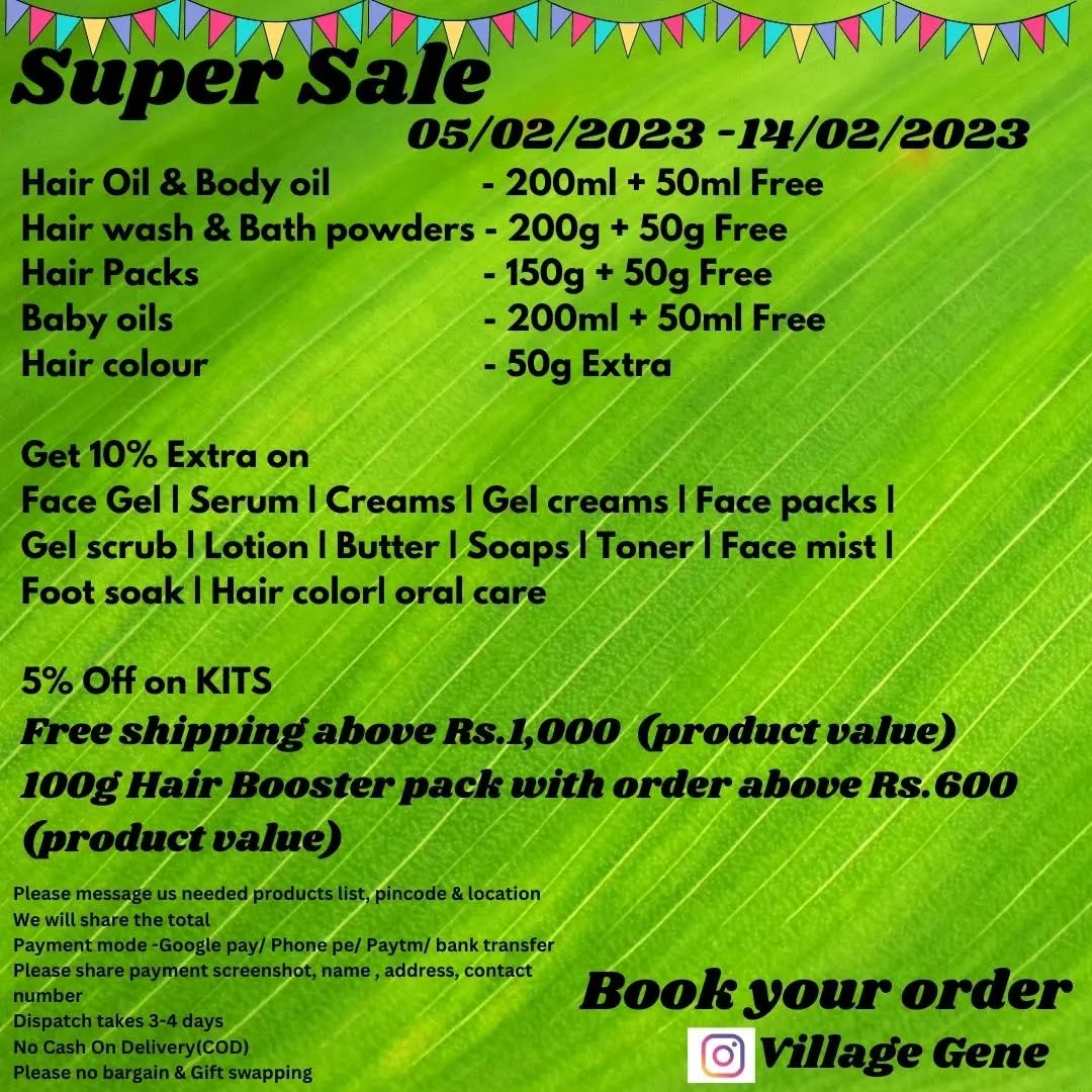 Super sale
Book your orders
Follow and share our page to your family and friends
Thanks for supporting
Follow
Message
@villagegene
#beauty #herbal #Natural #serum #facepack #gel #cream #pongal #nightgel #hairoil #dandruff #skincare #cosmetics #pigmentation #villagegene #offer #hairfall #soap #handmade #glow #offer #brightening #antiageing #silkyhair #clearskin #glow #reels #sale