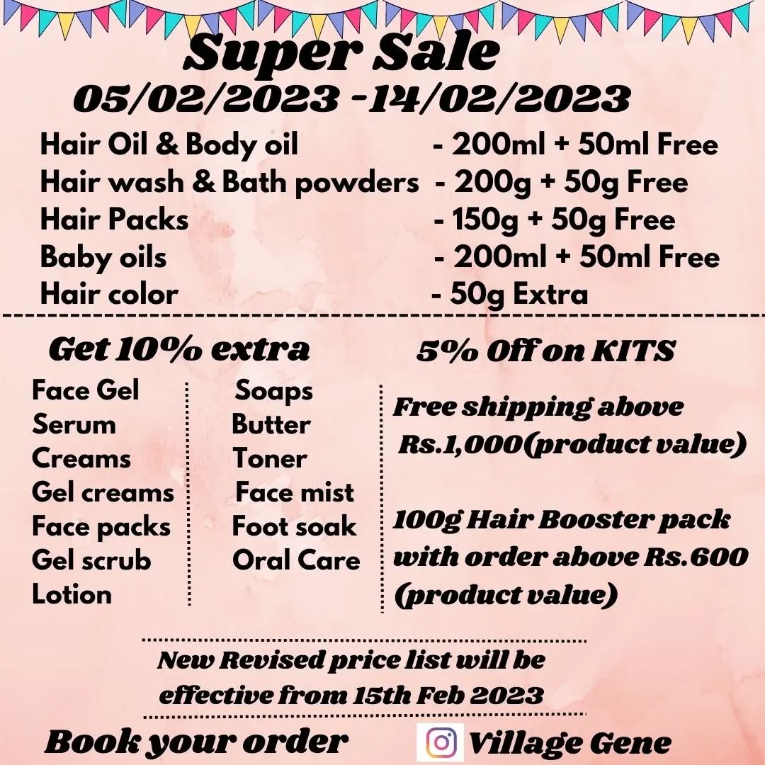 Super sale
Few days left
Book your orders
Follow and share our page to your family and friends
Thanks for supporting
Follow
Message
@villagegene
#beauty #herbal #Natural #serum #facepack #gel #cream #pongal #nightgel #hairoil #dandruff #skincare #cosmetics #pigmentation #villagegene #offer #hairfall #soap #handmade #glow #offer #brightening #antiageing #silkyhair #clearskin #glow #reels #sale