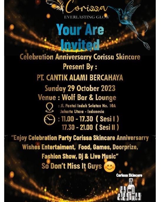 Jangan sampai kelewatan ya untuk Anniversary Corissa.. Hiburan,Hadiah, Pertandingan fashion show serta pemilihan Miss Corissa, ada game dan ada Doorprize..