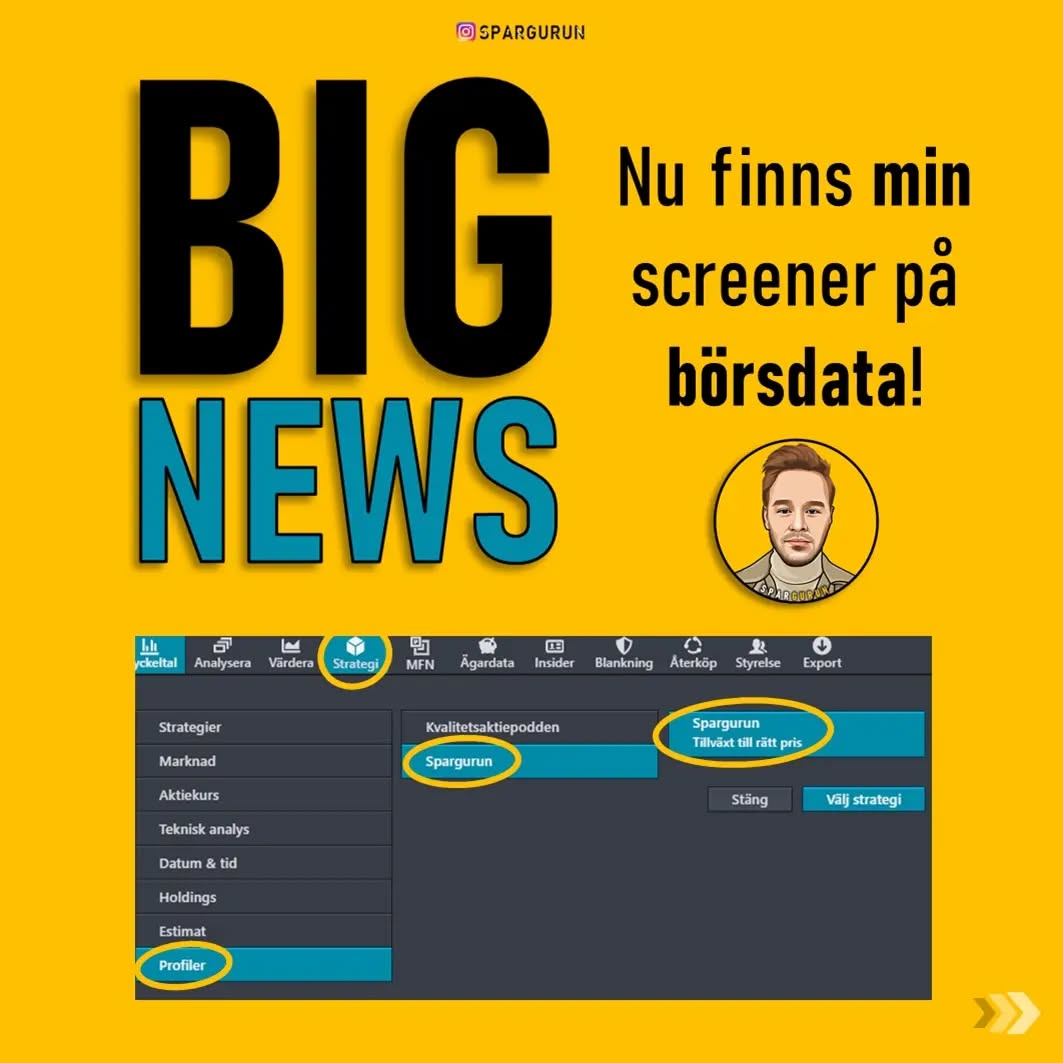 Nu finns min screener direkt i börsdata! đ
Vi har döpt den till "tillvÀxt till rÀtt pris" som jag tycker Àr rÀtt talande för vad man fÄr fram.
Kort sagt ger denna en metod för att hitta ett urval av aktier som faller in i mina kriterier. Lönsamma bolag med god balansrĂ€kning som visar tillvĂ€xt som man sedan stĂ€ller mot en vĂ€rdering pĂ„ aktien!â
ïž
Börsdata.se
Historisk avkastning Àr inte en garanti för framtida avkastning. Alla investeringar Àr förknippade med en risk och det Àr inte sÀkert att du fÄr tillbaka hela det insatta kapitalet. Gör alltid din egen analys.
#börsdata #börs #aktier #pengar