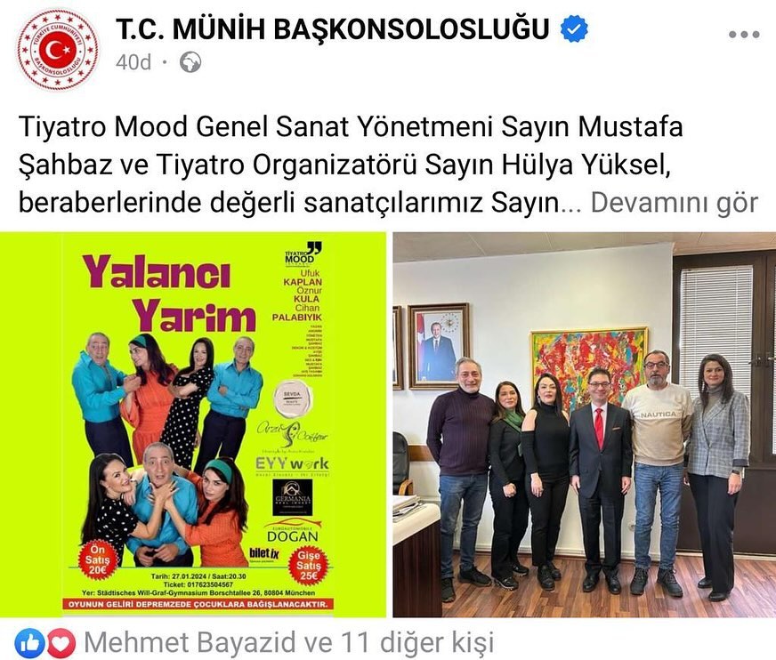 🇹🇷 Sayın Münih Başkonsolosumuz Süalp Erdoğan beyin desteği ve misafirperverliği için çok teşekkürler .Yalancı Yarim oyunumuzu @hulyayueksel Hülya Yüksel’in, organizasyonu ile depremzede çocuklarımız için sergiliyoruz.Sizleri bekliyoruz🙏🙏🙏