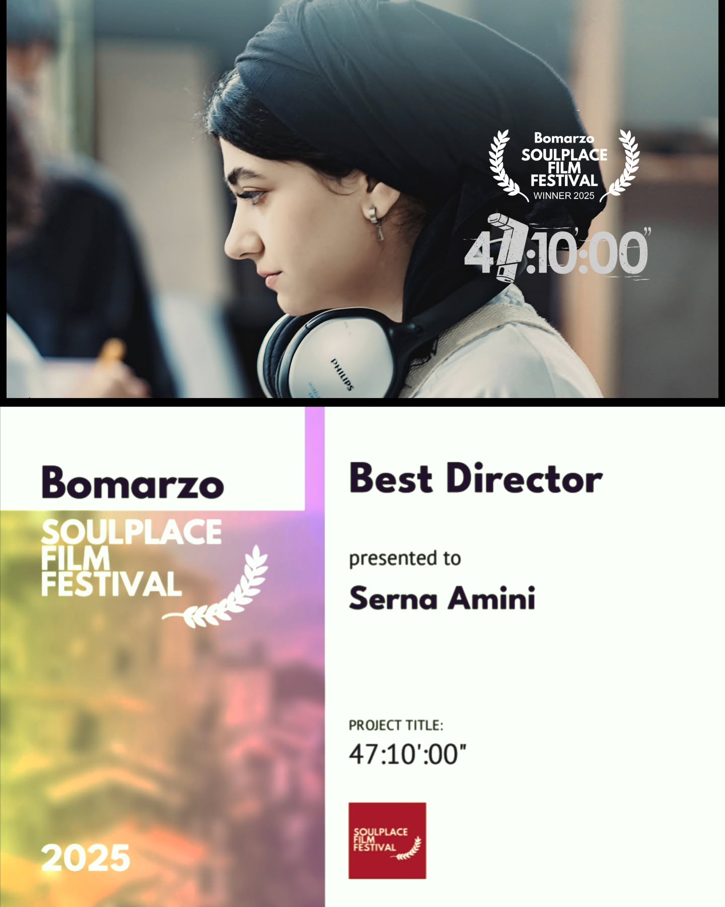 جایزه بهترین کارگردانی از فستیوال ایتالیایی Bomarzo Soulplace film festival
برای سرنا امینی .
فیلم ۴۷ ساعت و ۱۰ دقیقه به کارگردانی سرنا امینی و تهیهکنندگی حسین سلیمانی، اینبار موفق به کسب جایزه بهترین کارگردانی از فستیوال bomarzo Soule Place شد این فستیوال هر ساله میزبان آثاری برجسته از سراسر جهان خواهد بود.
این فیلم پیشتر جایزه ویژه هیئت داوران از فستیوال Castille Soulplace دریافت کرده بود . و در چندین رویداد سینمایی بینالمللی دیگر، از جمله West Chester Film Festival در پنسیلوانیا ، First City Film Festival در آمریکا ، zuma international film festival و Fisheye Film Festival در انگلیس حضور داشته است.
۴۷ ساعت و ۱۰ دقیقه با تهیهکنندگی مشترک امین شهری و نوشته یزدان کاظمی و خانه نگارش دوستان، روایتگر داستان مردی است که پس از تصادف شدید همسرش، تنها ۴۷ ساعت و ۱۰ دقیقه فرصت دارد تا هزینه خرید قلب را تأمین کند و جان او را نجات دهد.
⸻
عوامل فیلم
مدیر فیلمبرداری: مهدی رضایی | مشاور کارگردان: امیر احمد انصاری | تدوین: مهیار بهمنش | آهنگساز: پیام آزادی
طراح گریم: الهه عسگری | طراح صحنه: احمد لطفی | طراح لباس: مهراسا بوالحسنی | صدابردار: میلاد ملکی | طراح و ترکیب صدا: احسان افشاریان
اصلاح رنگ و نور : مهران دوستی |عکاس: مهسا زرینجویی | دستیار کارگردان: مرضیه زرتشت | مجری طرح: حامد مختاری | دستیار دوم کارگردان : امیر فرهادی | منشی صحنه: نفس اصولی
گروه چهرهپردازی: مریم نصرالهی | گروه کارگردانی : محمدرضا گشانی، مریم محمدزاده | تصویربردار و عکاس پشتصحنه: صدرا خیابانی | دستیار صدابردار: مسلم عبدالهی
طراح پوستر: سینا افشار
⸻
بازیگران:
حسین سلیمانی، کیا شاه تنگستانی پور، پویا بیگی، رومینا نیکاندیش، آریسا پیامشاد
📢 پخش بینالملل: امیرحسین حاتمی (سیمرغ)
@simorghfilmco
_______
@serna_amini
@hosseinsoleimani
@amin__shahrii
@yazdan_kazemi
@amirahmad_ansari
@mehdi.rezaaee
@doustimehran
@hamedmukhtari
@mahyar.behmanesh
@payam.azadiii
@elaheh.asgarii
@miladmaleki
@sinaafshar_
@kiaashaah
@ehsanafn
@amir_frd_
@romina_nikandish
@maryammnasrollahi
@amirhossein__hatami
@marziezartosht
@mahsa_zarrinjooee
@mehrasabolhasani
@sadra.khiabanian
@doostanstudio
@nafas.osouli
@soulplacefestival