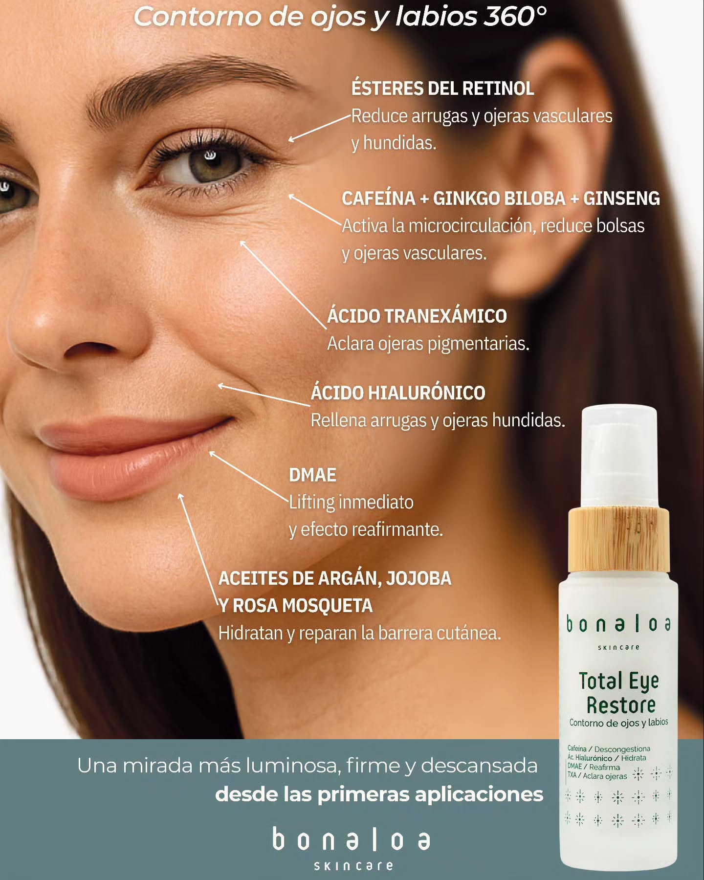 🌿 TOTAL EYE RESTORE AL 20% DE DESCUENTO ✨
Dale a tu mirada el cuidado que merece con nuestro nuevo contorno de ojos y labios en crema: Total Eye Restore.
¿Cansancio acumulado? ¿Ojeras marcadas? ¿Pérdida de firmeza? Esta fórmula lo trata TODO.
Una combinación inteligente de activos dermocosméticos y extractos botánicos que trabajan sinérgicamente para revitalizar tu mirada y suavizar el contorno labial.
🔬 ¿Qué lo hace especial?
💧 Hidratación profunda con ácido hialurónico y glicerina
.
💪 Efecto tensor inmediato con DMAE y retinol vegetal.
🌑 Despigmentante y antioxidante con ácido tranexámico, vitamina C y ginkgo biloba.
🛌 Drenante y descongestivo con cafeína, ginseng y hamamelis.
🌸 Calmante y reparador con manzanilla, centella asiática y aceites vegetales.
👉 Contorno 360° para ojos y labios: firmeza, luz y descanso visible. Ideal para pieles maduras, cansadas o con signos de estrés y fatiga.
🔥 Disponible con un 20% de descuento hasta este jueves a las 23,59h.
¡Es el momento de probarlo!
#BonaloaSkincare #TotalEyeRestore #Contorno360 #MiradaRenovada #CosméticaConCiencia #CuidadoNatural #RutinaFacial #ContornoDeOjos