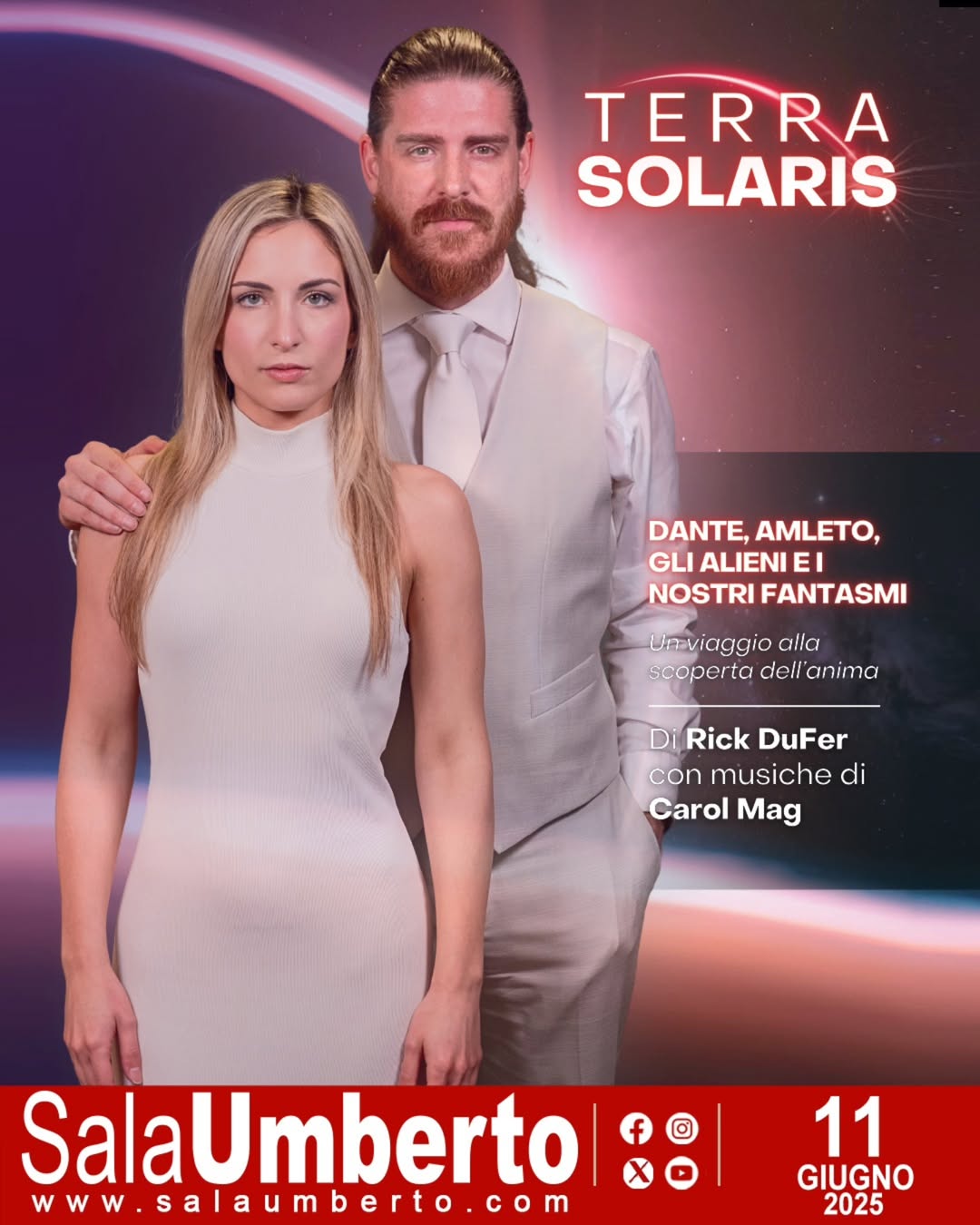 Terra Solaris è un monologo in cui la letteratura e la musica si intrecciano, mettendoci in connessione con i fantasmi delle nostre vite.
Rick DuFer e Carol Mag accompagnano gli spettatori in un viaggio attraverso l'inconscio, il desiderio e l'eternità.
RICK DUFER | CAROL MAG in
TERRA–SOLARIS: STORIE E MUSICHE DI FANTASMI
Un viaggio alla scoperta dell'anima
Scritto e diretto RICCARDO DAL FERRO | RICK DUFER
📅 11 Giugno
📍Sala Umberto
🎫 Biglietti disponibili LINK IN BIO
Prodotto da Cogito Studios | Distribuito da Terry Chegia
@rickdufer @carolmagmusic @terrychegia
#eventi #salaumberto #roma #romaeventi #teatro #rickdufer #dailycogito e #carolmagmusic